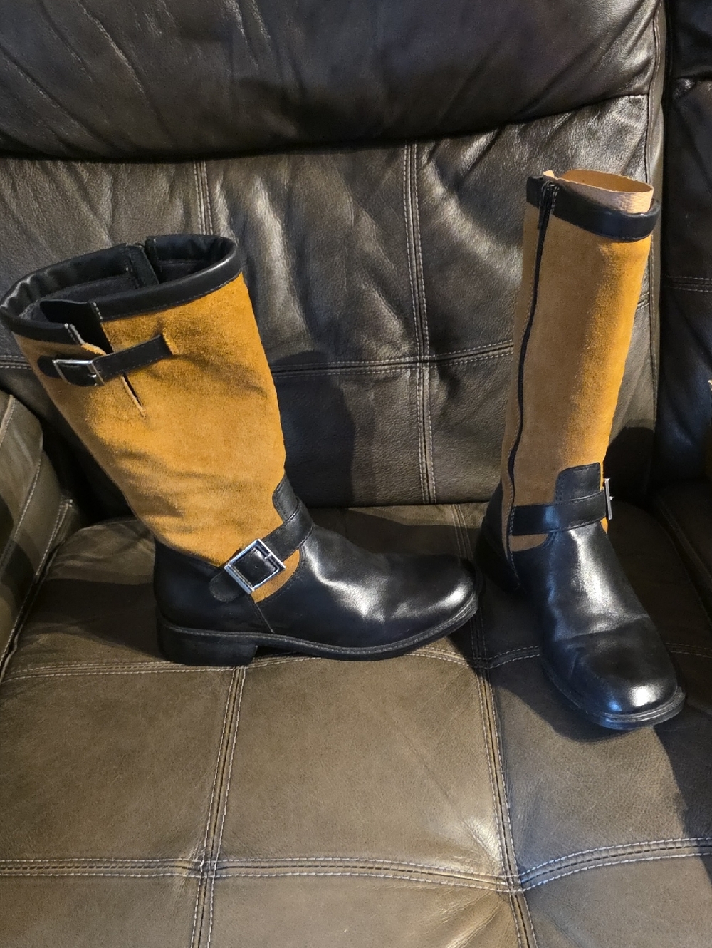 Women's Two-Tone Black and Mustard Suede Leather Riding Boots